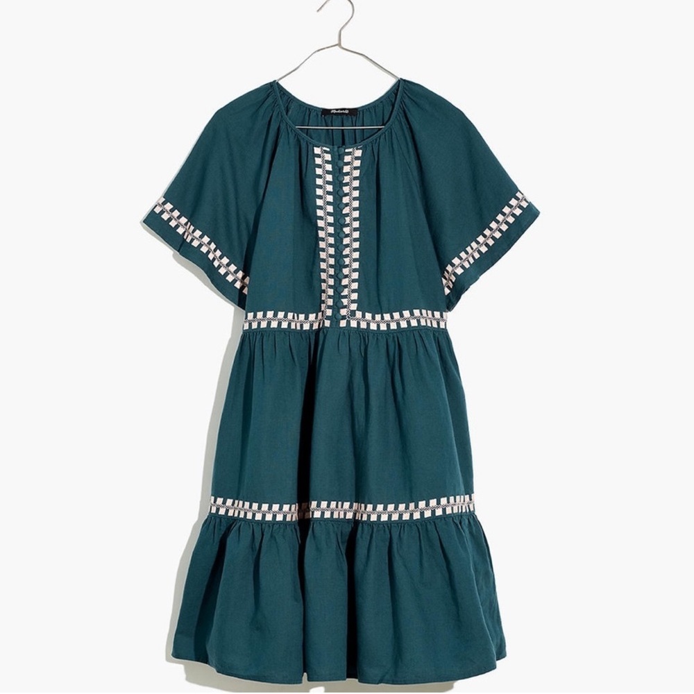 Madewell Green and Cream Tiered Embroidered Dress